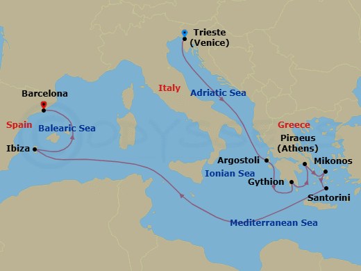 Route map: Venice (Trieste) → Argostoli (Cephalonia) → Gythion → Athens (Piraeus) → Mykonos → Santorini → Ibiza → Barcelona