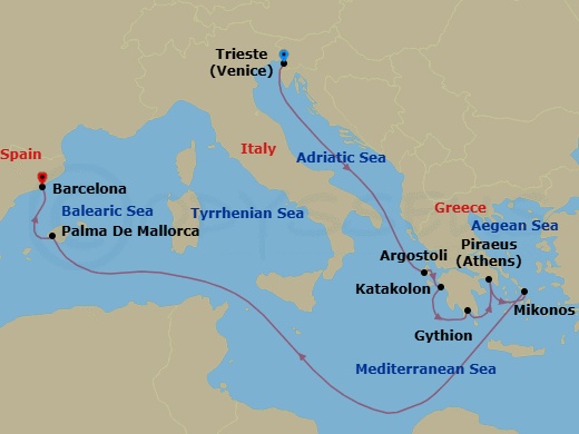 Route map: Venice (Trieste) → Argostoli (Cephalonia) → Katakolon → Gythion → Athens (Piraeus) → Mykonos → Palma De Mallorca → Barcelona