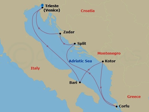 Route map: Trieste → Bari → Kotor → Corfu → Split → Zadar → Trieste