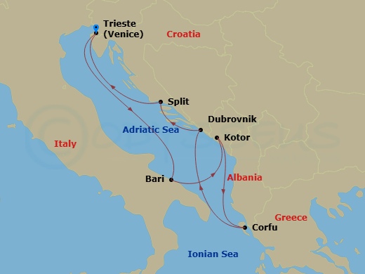 Route map: Trieste → Bari → Kotor → Corfu → Dubrovnik → Split → Trieste