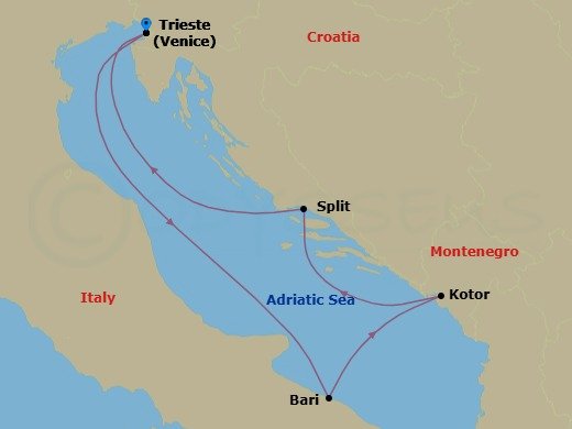 Route map: Venice (Trieste) → Bari → Kotor → Split → Venice (Trieste)