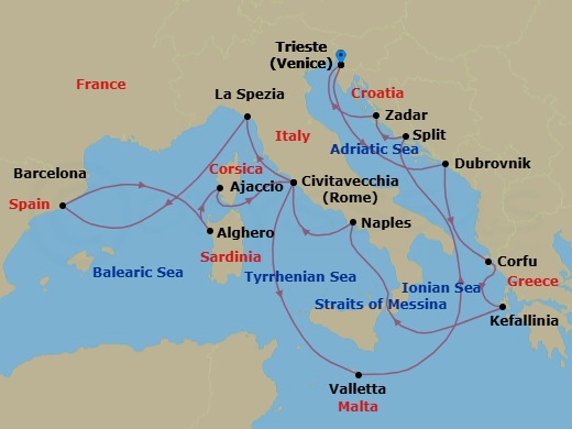 Route map: Trieste, Italy → Dubrovnik, Croatia → Corfu, Greece → Cephalonia, Greece → Messina Strait, Italy         (Transit) → Naples (tours to Capri or Pompeii), Italy → Civitavecchia (tours to Rome),Italy → La Spezia (tours to Florence or Pisa), Italy → Barcelona, Spain → Alghero, Sardinia, Italy
