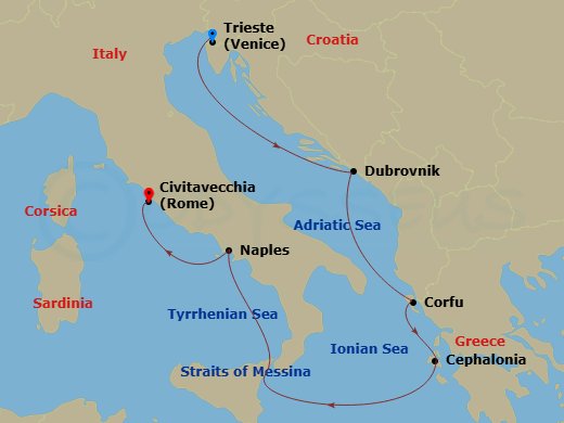 Route map: Trieste, Italy → Dubrovnik, Croatia → Corfu, Greece → Cephalonia, Greece → Messina Strait, Italy         (Transit) → Naples (tours to Capri or Pompeii), Italy → Civitavecchia (tours to Rome),Italy