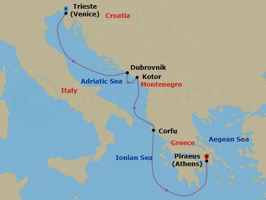 Route map: Trieste (Venice), Italy → Dubrovnik, Croatia → Kotor, Montenegro → Kerkira, Nisos Kerkira (Corfu), Greece → Piraeus (Athens), Greece
