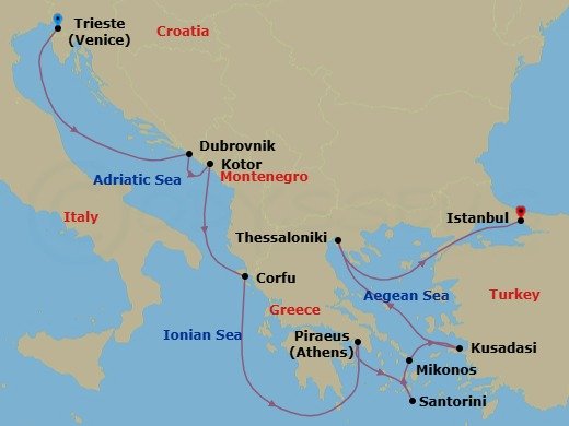 Route map: Trieste (Venice), Italy → Dubrovnik, Croatia → Kotor, Montenegro → Kerkira, Nisos Kerkira (Corfu), Greece → Piraeus (Athens), Greece → Thira (Santorini), Greece → Mykonos, Greece → Kusadasi (Ephesus), Turkey → Thessaloniki, Greece → Istanbul, Turkey