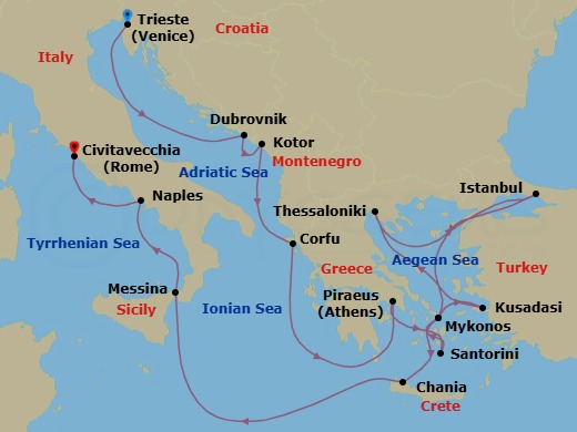 Route map: Trieste (Venice), Italy → Dubrovnik, Croatia → Kotor, Montenegro → Kerkira, Nisos Kerkira (Corfu), Greece → Piraeus (Athens), Greece → Thira (Santorini), Greece → Mykonos, Greece → Kusadasi (Ephesus), Turkey → Thessaloniki, Greece → Istanbul, Turkey