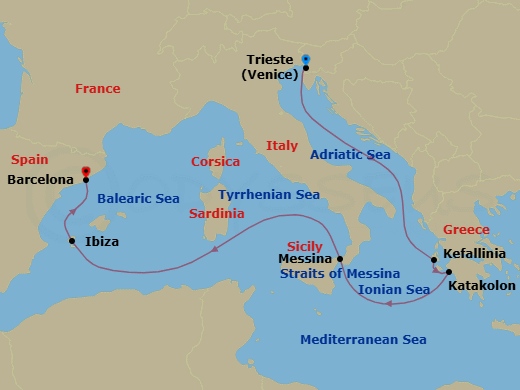 Route map: Trieste, Italy → Cephalonia, Greece → Katakolon (tours to Olympia), Greece → Messina, Sicily, Italy → Messina Strait, Italy         (Transit) → Ibiza, Spain → Barcelona, Spain