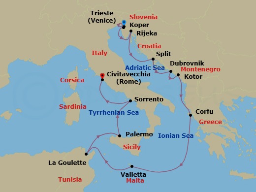 Route map: Trieste → Koper → Rijeka → Split → Dubrovnik → Kotor → Corfu → Valletta → Tunis (La Goulette) → Palermo (Sicily)