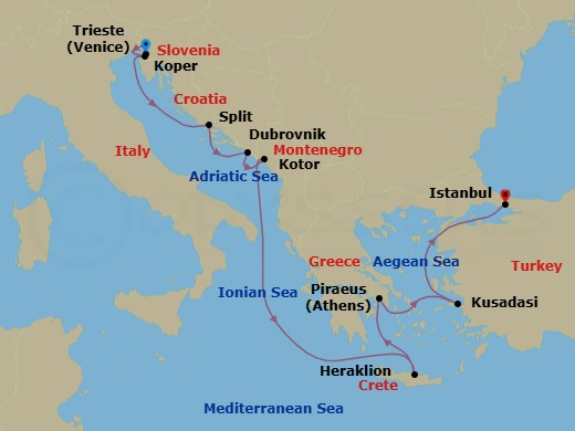 Route map: Trieste → Koper → Split → Dubrovnik → Kotor → Heraklion (Crete) → Athens (Piraeus) → Ephesus (Kusadasi) → Istanbul
