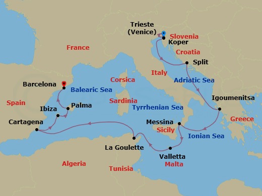 Route map: Trieste → Koper → Split → Igoumenitsa → Messina (Sicily) → Valletta → Tunis (La Goulette) → Cartagena → Ibiza → Palma De Mallorca