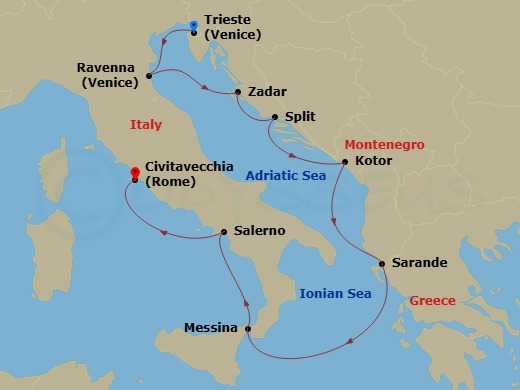 Route map: Trieste → Ravenna → Zadar → Split → Kotor → Sarande → Messina (Sicily) → Salerno → Rome (Civitavecchia)