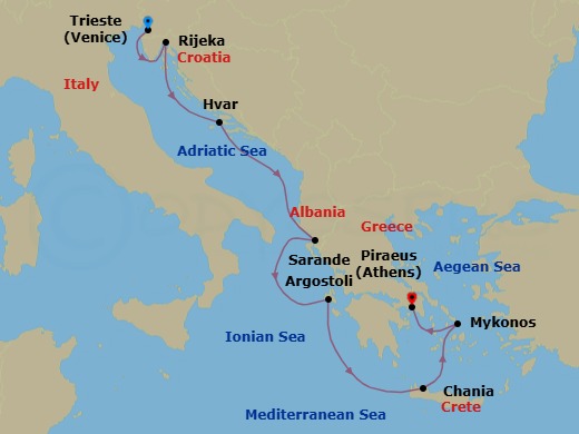 Route map: Trieste → Rijeka → Hvar → Sarande → Argostoli (Cephalonia) → Chania (Crete) → Mykonos → Athens (Piraeus)