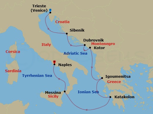 Route map: Trieste → Sibenik → Dubrovnik → Kotor → Igoumenitsa → Katakolon → Messina (Sicily) → Naples/Pompeii
