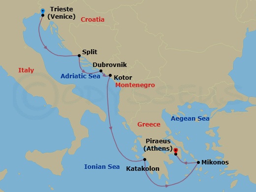 Route map: Venice (Trieste) → Split → Dubrovnik → Kotor → Katakolon → Mykonos → Athens (Piraeus)