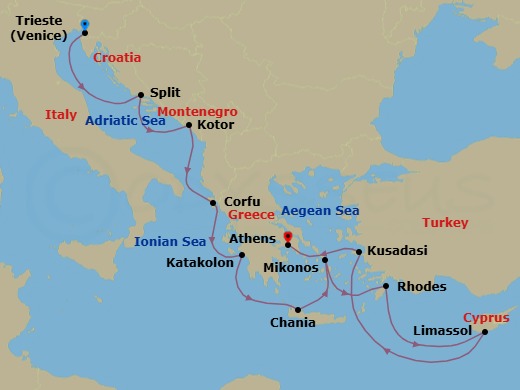 Route map: Trieste (for Venice), Italy → Split, Croatia → Kotor, Montenegro → Corfu, Greece → Katakolon (for Olympia), Greece → Crete (Chania), Greece → Mykonos, Greece → Rhodes, Greece → Limassol, Cyprus → Kusadasi, Turkey (for Ephesus)