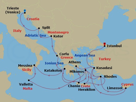 Route map: Trieste (for Venice), Italy → Split, Croatia → Kotor, Montenegro → Corfu, Greece → Katakolon (for Olympia), Greece → Crete (Chania), Greece → Mykonos, Greece → Rhodes, Greece → Limassol, Cyprus → Kusadasi, Turkey (for Ephesus)