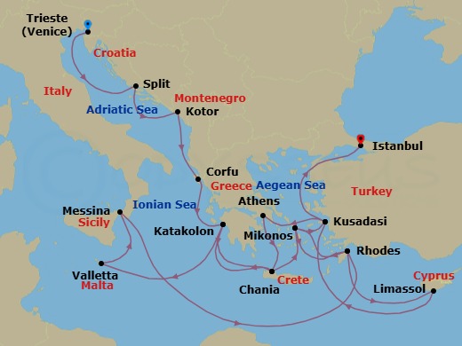 Route map: Trieste (for Venice), Italy → Split, Croatia → Kotor, Montenegro → Corfu, Greece → Katakolon (for Olympia), Greece → Crete (Chania), Greece → Mykonos, Greece → Rhodes, Greece → Limassol, Cyprus → Kusadasi, Turkey (for Ephesus)