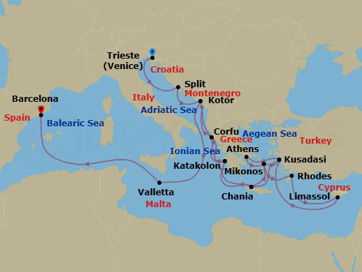 Route map: Trieste (for Venice), Italy → Split, Croatia → Kotor, Montenegro → Corfu, Greece → Katakolon (for Olympia), Greece → Crete (Chania), Greece → Mykonos, Greece → Rhodes, Greece → Limassol, Cyprus → Kusadasi, Turkey (for Ephesus)