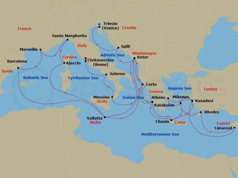 Route map: Trieste (for Venice), Italy → Split, Croatia → Kotor, Montenegro → Corfu, Greece → Katakolon (for Olympia), Greece → Crete (Chania), Greece → Mykonos, Greece → Rhodes, Greece → Limassol, Cyprus → Kusadasi, Turkey (for Ephesus)
