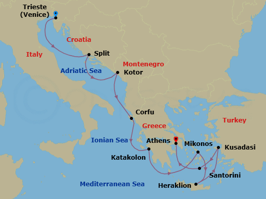 Route map: Trieste (for Venice), Italy → Split, Croatia → Kotor, Montenegro → Corfu, Greece → Katakolon (for Olympia), Greece → Mykonos, Greece → Crete (Heraklion), Greece → Kusadasi, Turkey (for Ephesus) → Santorini, Greece → Athens (Piraeus), Greece