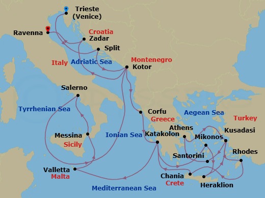 Route map: Trieste (for Venice), Italy → Split, Croatia → Kotor, Montenegro → Corfu, Greece → Katakolon (for Olympia), Greece → Mykonos, Greece → Crete (Heraklion), Greece → Kusadasi, Turkey (for Ephesus) → Santorini, Greece → Athens (Piraeus), Greece