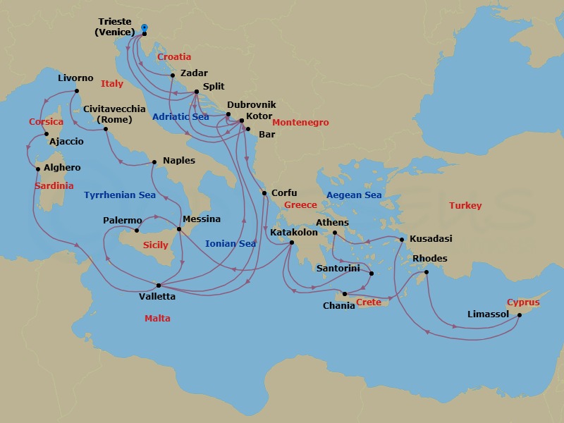 Route map: Trieste (for Venice), Italy → Split, Croatia → Kotor, Montenegro → Corfu, Greece → Katakolon (for Olympia), Greece → Santorini, Greece → Crete (Chania), Greece → Rhodes, Greece → Limassol, Cyprus → Kusadasi, Turkey (for Ephesus)