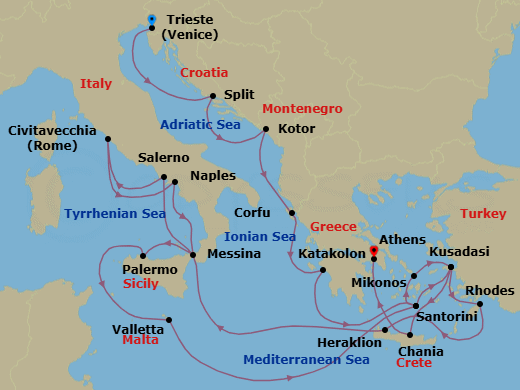 Route map: Trieste (for Venice), Italy → Split, Croatia → Kotor, Montenegro → Corfu, Greece → Katakolon (for Olympia), Greece → Santorini, Greece → Kusadasi, Turkey (for Ephesus) → Rhodes, Greece → Crete (Chania), Greece → Naples, Italy (for Capri & Pompeii)