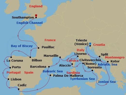 Route map: Venice (Trieste) → Split → Kotor → Sorrento → Rome (Civitavecchia) → Alaccio → Livorno → Marseille → Barcelona → Palma De Mallorca