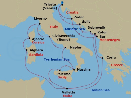 Route map: Trieste (for Venice), Italy → Zadar, Croatia → Bar, Montenegro → Kotor, Montenegro → Corfu, Greece → Valletta, Malta → Sicily (Palermo), Italy → Sicily (Messina), Italy → Naples, Italy (for Capri & Pompeii) → Civitavecchia (for Rome), Italy