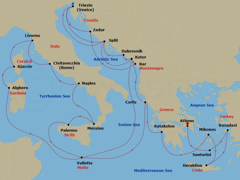 Route map: Trieste (for Venice), Italy → Zadar, Croatia → Bar, Montenegro → Kotor, Montenegro → Corfu, Greece → Valletta, Malta → Sicily (Palermo), Italy → Sicily (Messina), Italy → Naples, Italy (for Capri & Pompeii) → Civitavecchia (for Rome), Italy