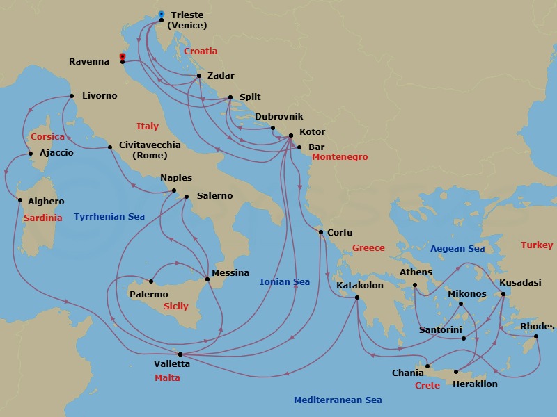 Route map: Trieste (for Venice), Italy → Zadar, Croatia → Bar, Montenegro → Kotor, Montenegro → Corfu, Greece → Valletta, Malta → Sicily (Palermo), Italy → Sicily (Messina), Italy → Naples, Italy (for Capri & Pompeii) → Civitavecchia (for Rome), Italy