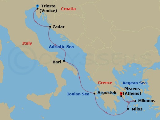 Route map: Venice (Trieste) → Zadar → Bari → Argostoli (Cephalonia) → Milos → Mykonos → Athens (Piraeus)