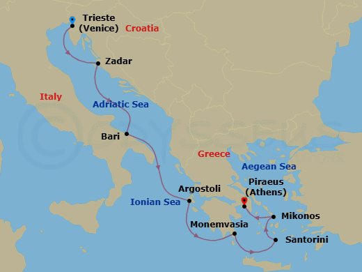 Route map: Venice (Trieste) → Zadar → Bari → Argostoli (Cephalonia) → Monemvasia → Santorini → Mykonos → Athens (Piraeus)