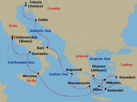 Route map: Venice (Trieste) → Zadar → Bari → Argostoli (Cephalonia) → Monemvasia → Santorini → Mykonos → Athens (Piraeus) → Mykonos → Kusadasi