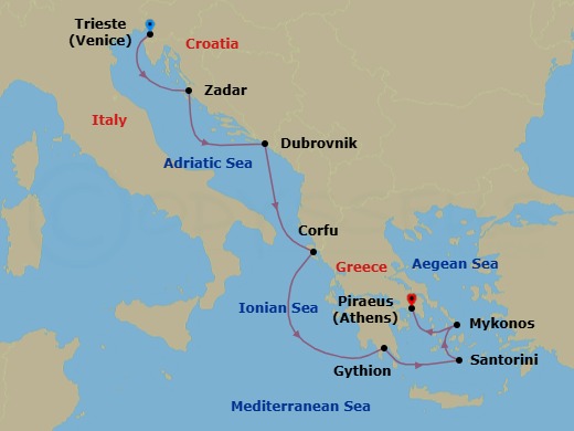 Route map: Trieste → Zadar → Dubrovnik → Corfu → Gythion → Santorini → Mykonos → Athens (Piraeus)