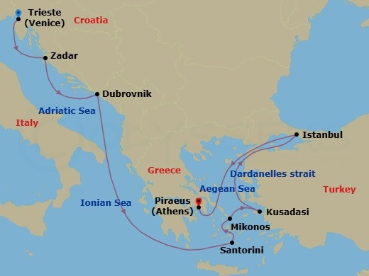 Route map: Trieste (Venice), Italy → Zadar, Croatia → Dubrovnik, Croatia → Thira (Santorini), Greece → Mykonos, Greece → Kusadasi (Ephesus), Turkey → Istanbul, Turkey → Piraeus (Athens), Greece