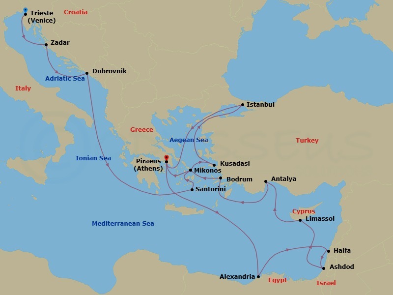 Route map: Trieste (Venice), Italy → Zadar, Croatia → Dubrovnik, Croatia → Thira (Santorini), Greece → Mykonos, Greece → Kusadasi (Ephesus), Turkey → Istanbul, Turkey → Piraeus (Athens), Greece → Alexandria (Cairo), Egypt → Haifa (Tel Aviv), Israel