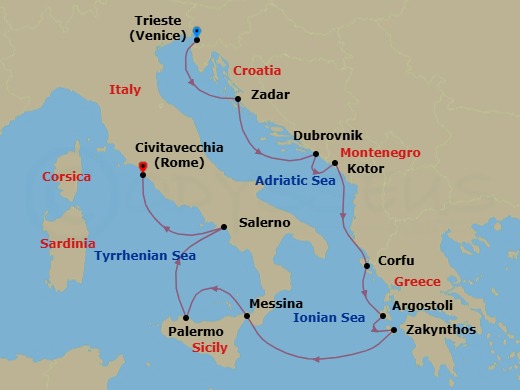 Route map: Trieste → Zadar → Dubrovnik → Kotor → Corfu → Argostoli (Cephalonia) → Zakynthos → Messina (Sicily) → Palermo (Sicily) → Salerno