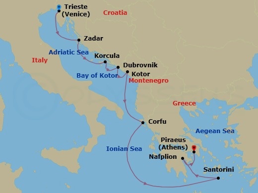 Route map: Trieste (Venice), Italy → Zadar, Croatia → Korcula, Croatia → Dubrovnik, Croatia → Kotor, Montenegro → Kerkira, Nisos Kerkira (Corfu), Greece → Thira (Santorini), Greece → Nafplion, Greece → Piraeus (Athens), Greece