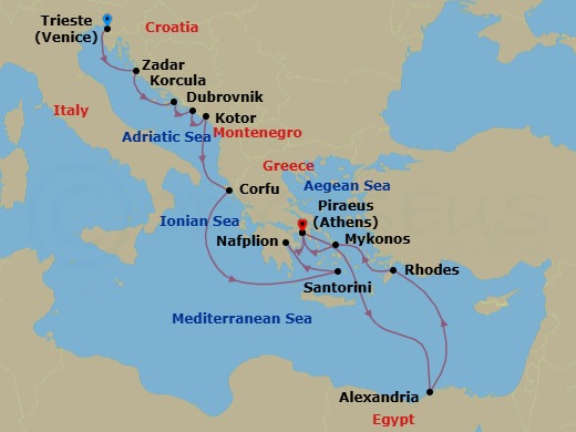 Route map: Trieste (Venice), Italy → Zadar, Croatia → Korcula, Croatia → Dubrovnik, Croatia → Kotor, Montenegro → Kerkira, Nisos Kerkira (Corfu), Greece → Thira (Santorini), Greece → Nafplion, Greece → Piraeus (Athens), Greece → Alexandria (Cairo), Egypt
