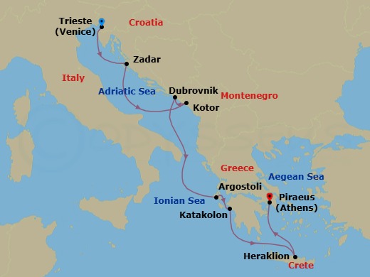 Route map: Trieste → Zadar → Kotor → Dubrovnik → Argostoli (Cephalonia) → Katakolon → Heraklion (Crete) → Athens (Piraeus)