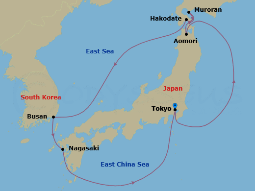 Route map: Tokyo, Japan → Aomori, Japan → Muroran, Japan → Hakodate, Japan → Busan, South Korea → Nagasaki, Japan → Tokyo, Japan