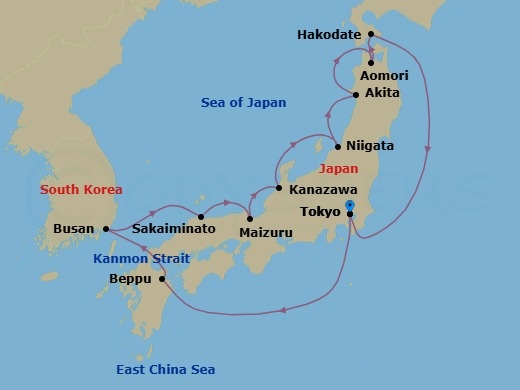 Route map: Tokyo, Japan → Beppu, Japan → Busan (Pusan), South Korea → Sakaiminato, Japan → Maizuru, Japan → Kanazawa, Japan → Niigata, Japan → Akita, Japan → Aomori, Japan → Hakodate, Japan