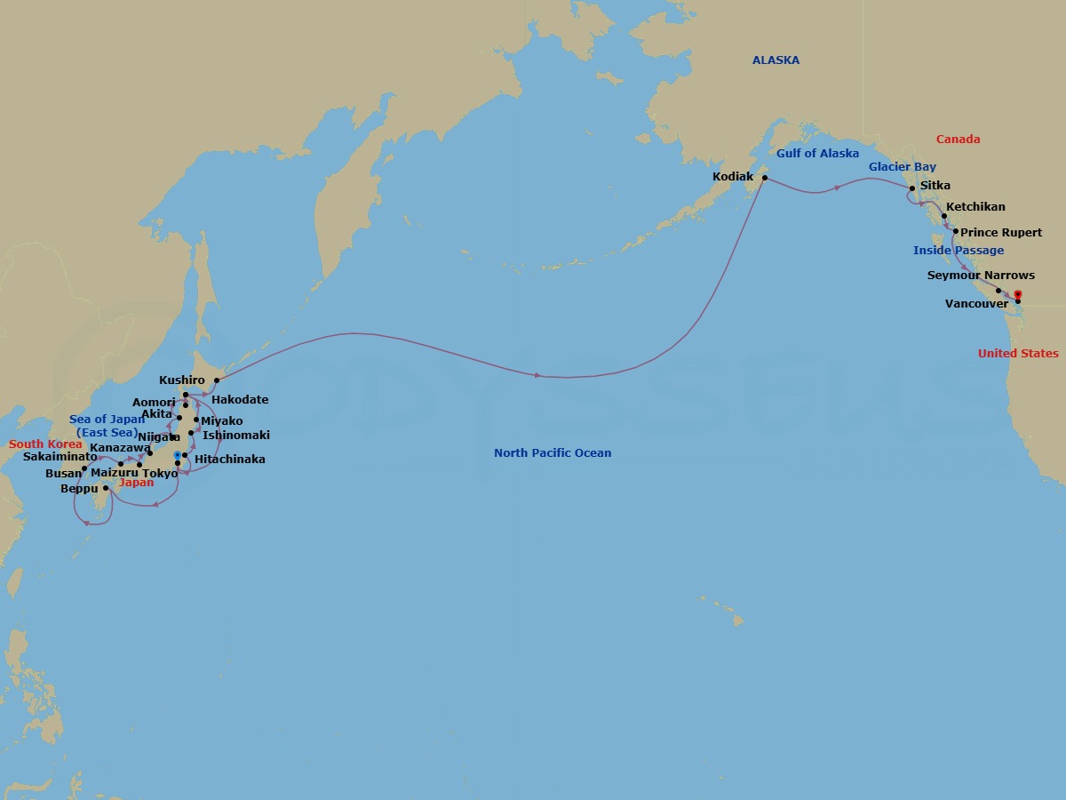 Route map: Tokyo → Beppu → Busan (Pusan), South Korea → Busan → Sakaiminato → Maizuru → Kanazawa → Niigata → Akita → Aomori