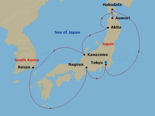 Route map: Tokyo → Hakodate → Aomori → Akita → Kanazawa → Busan (Pusan) → Nagoya, Aichi → Tokyo
