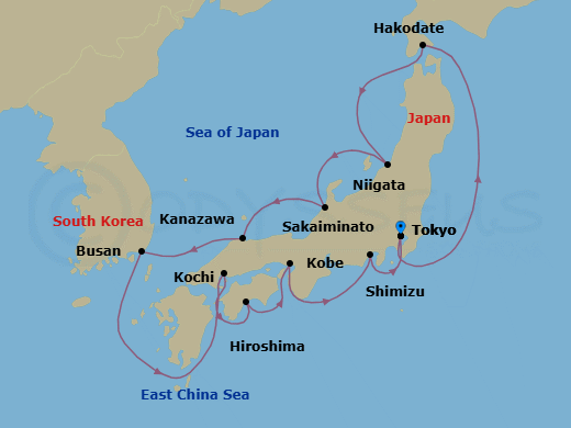 Route map: Tokyo → Hakodate (Hokkaido) → Niigata → Kanazawa → Sakaiminato → Busan → Hiroshima → Kochi → Kyoto (Kobe) → Shimizu