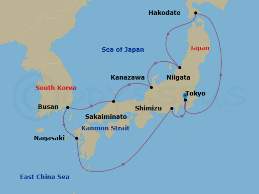 Route map: Tokyo → Hakodate (Hokkaido) → Niigata → Kanazawa → Sakaiminato → Busan → Nagasaki → Shimizu → Tokyo