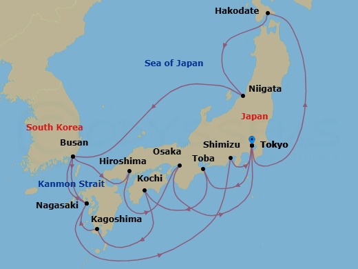 Route map: Tokyo, Japan → Hakodate, Japan → Niigata, Japan → Busan, South Korea → Nagasaki, Japan → Shimizu (for Mt. Fuji), Japan → Tokyo, Japan → Toba, Japan → Kochi, Japan → Kagoshima, Japan