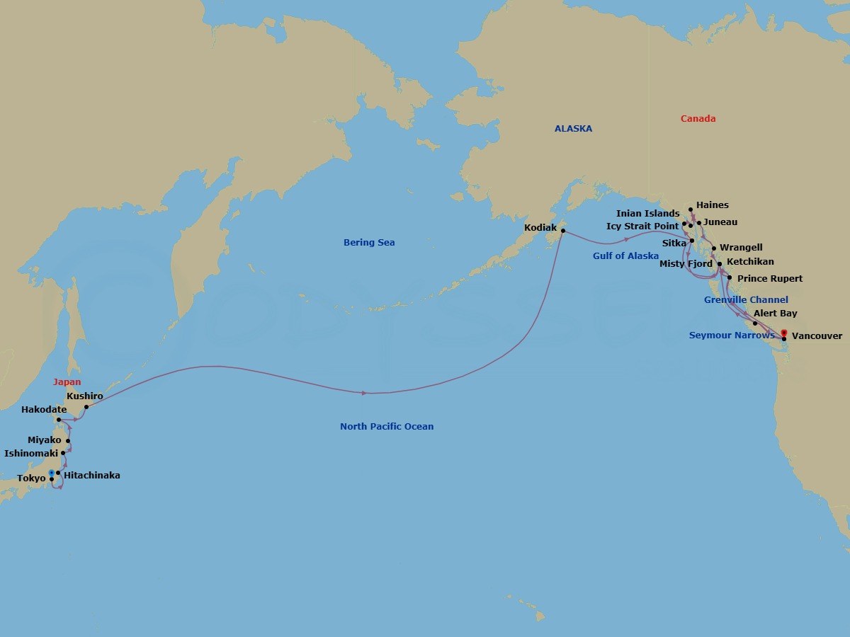 Route map: Tokyo, Japan → Hitachinaka, Japan → Ishinomaki, Japan → Miyako, Japan → Hakodate, Japan → Kushiro, Japan → Cross International Dateline → Kodiak, Alaska, US → Glacier Bay → Sitka, Alaska, US