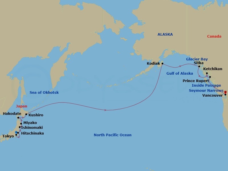 Route map: Tokyo, Japan → Hitachinaka, Japan → Ishinomaki, Japan → Miyako, Japan → Hakodate, Japan → Kushiro, Japan → Cross International Dateline → Kodiak, Alaska, US → Glacier Bay → Sitka, Alaska, US